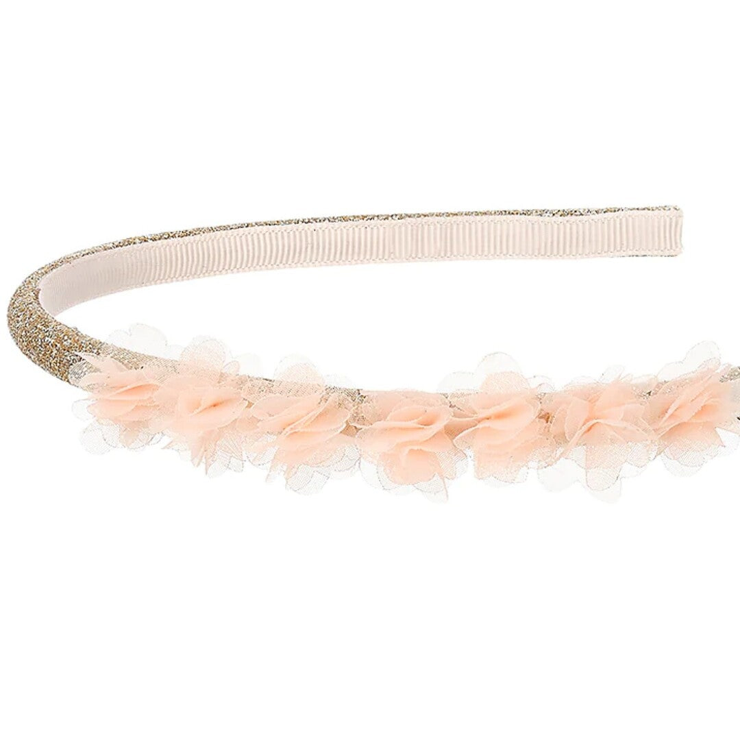 Souza for Kids kinder hoofdband met gouden glitters en roze stoffen bloemen.