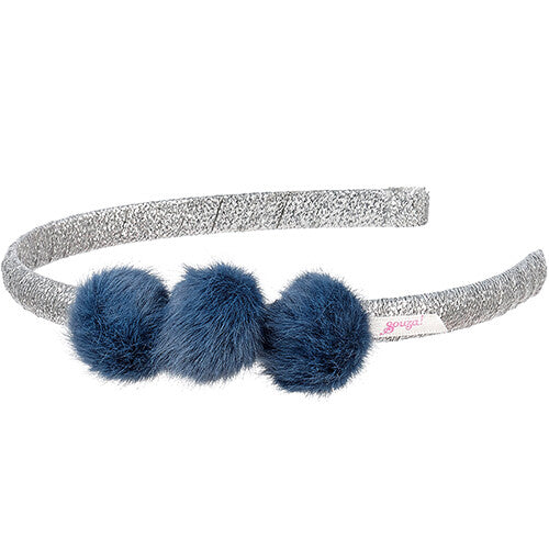 Souza for Kids kinder hoofdband met zilveren glitter en drie donkerblauwe pompons.