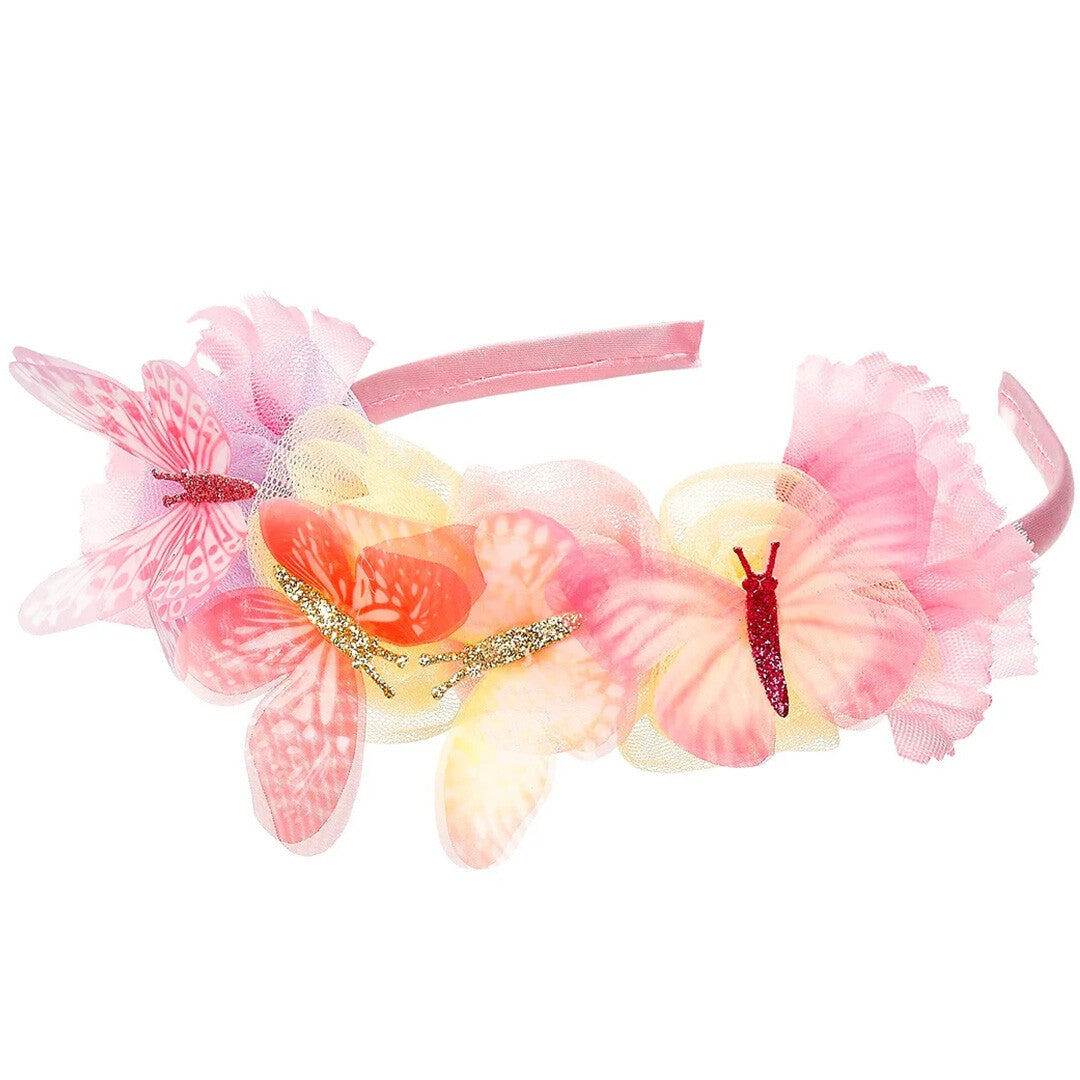 Souza for Kids roze diadeem met stoffen bloemen en vlinders met glitterdetails.
