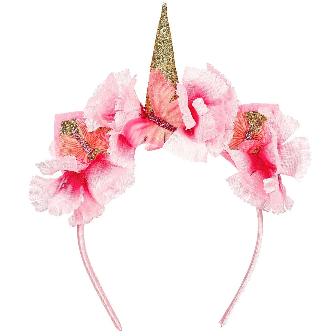 Souza for Kids roze kinderdiadeem met gouden eenhoornhoorn, roze bloemen en vlinders.