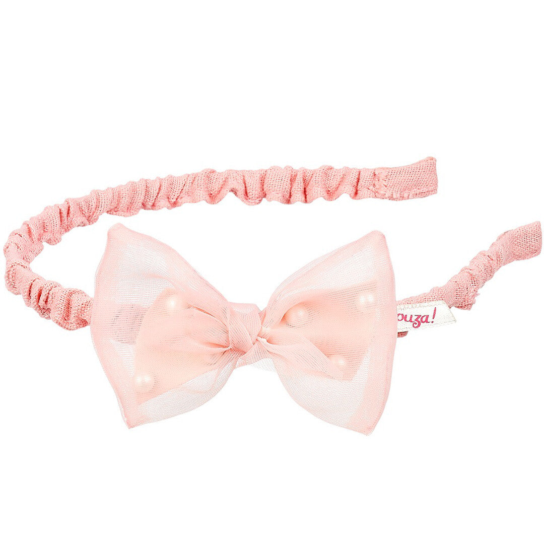 Souza for Kids roze diadeem met een doorschijnende strik versierd met parels.