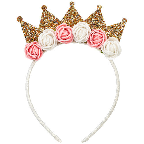 souza for kids kinderdiadeem met gouden glitterkroon en roze en witte bloemen.