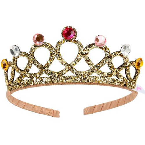 Souza for kids gouden glitter diadeem met kroon en gekleurde edelstenen.