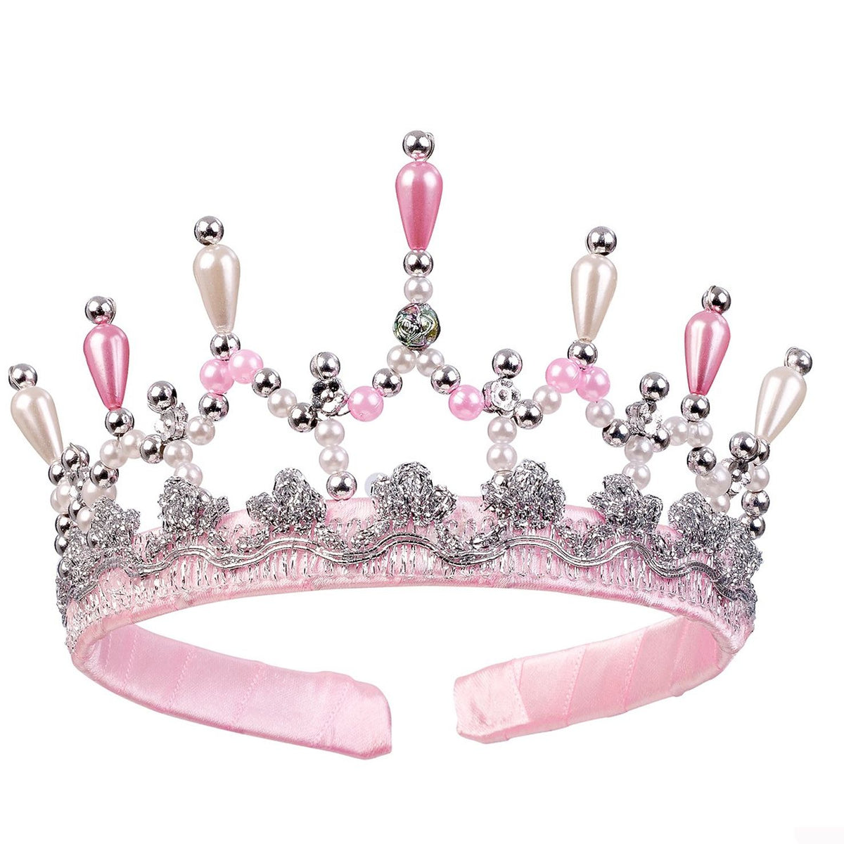 Souza for Kids roze kinderdiadeem met kroon van parels en zilverkleurige versieringen.