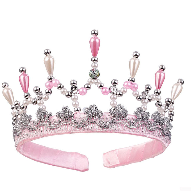 Souza for Kids roze kinderdiadeem met kroon van parels en zilverkleurige versieringen.