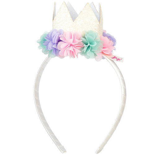 Souza for Kids diadeem voor kinderen met een witte glitterkroon en pastelkleurige stoffen bloemen.