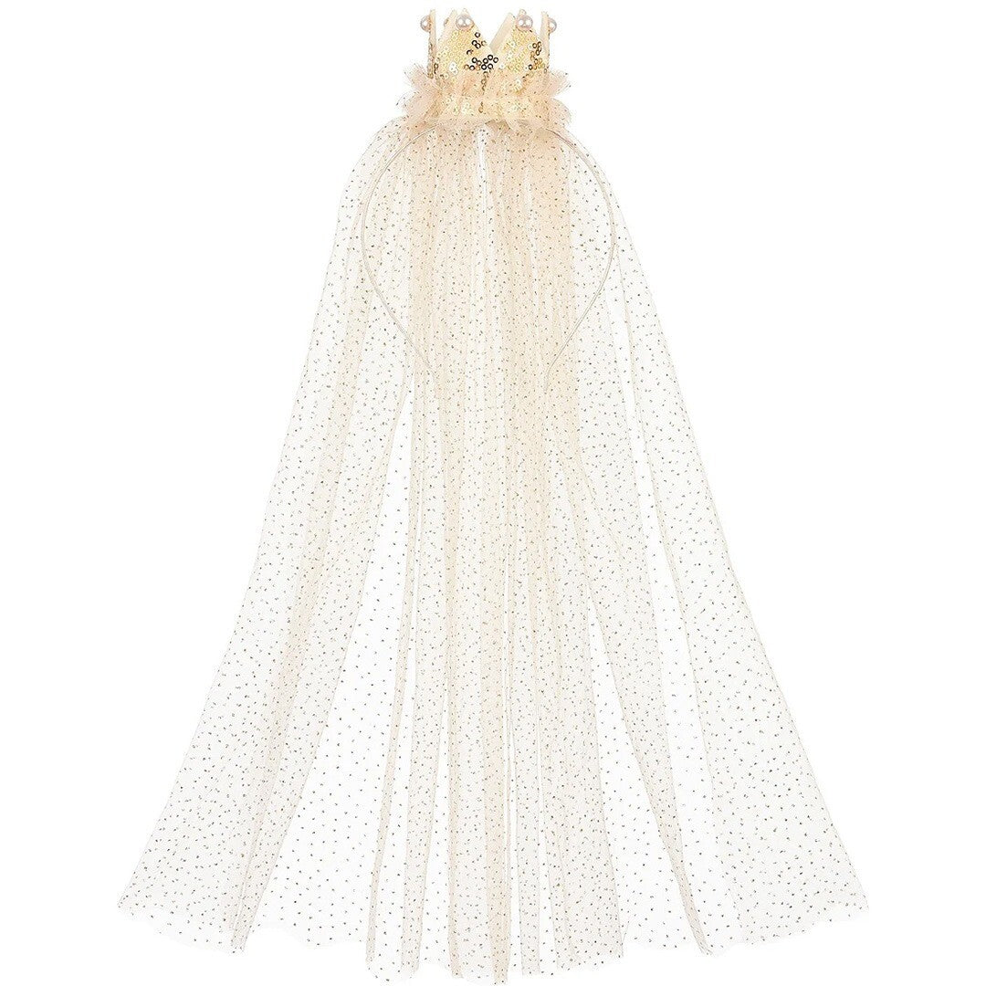 Souza for kids beige kinderdiadeem met kroon en lange sluier met stippen.