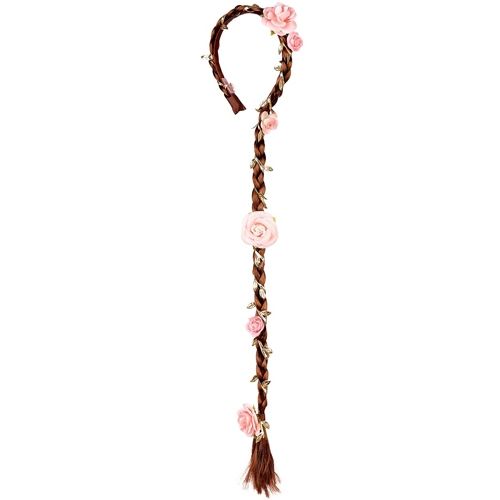 Souza for Kids bruine diadeem met lange vlecht, versierd met roze bloemen en gouden bladeren.