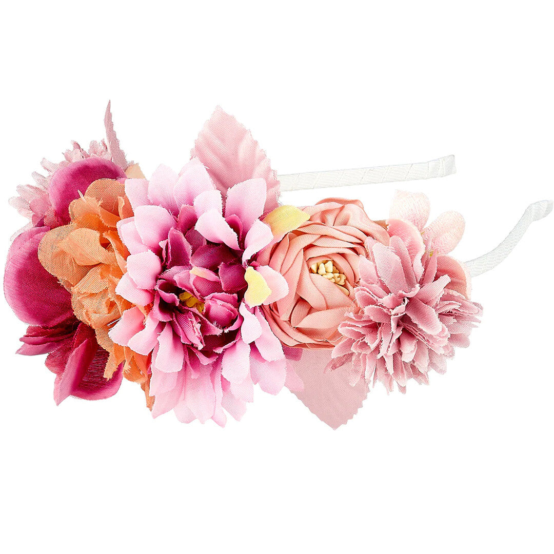 Souza for Kids diadeem met roze en oranje stoffen bloemen.