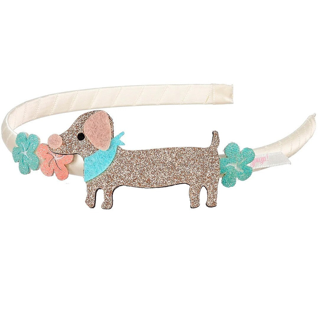 Souza for Kids hoofdband met een glitterende teckel en bloemen.