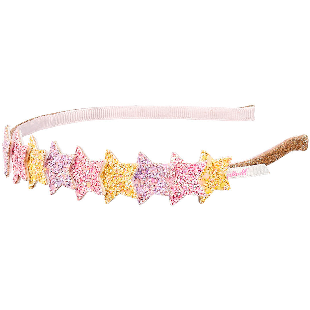 Souza for Kids kinder hoofdband met veelkleurige glitter sterren in roze, geel en paars.