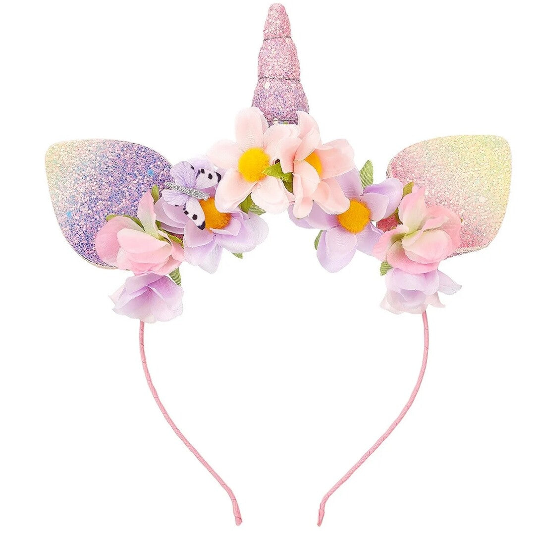 Souza for kids kinderhoofdband met glitter eenhoornhoorn, oren, bloemen en een vlinder.