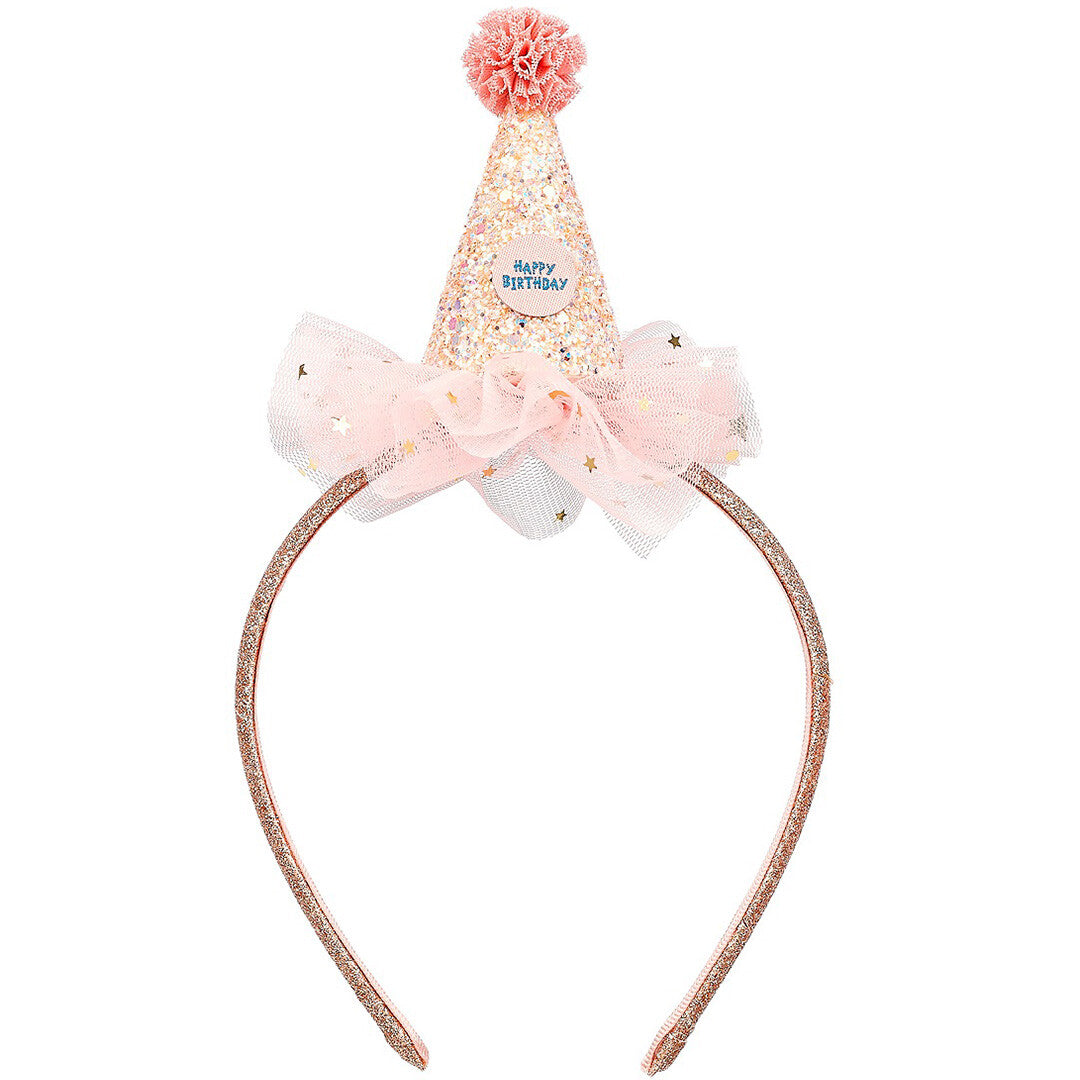 souza for kids roségouden diadeem met glitter feesthoedje, roze tule met sterren en 'Happy Birthday' tekst.