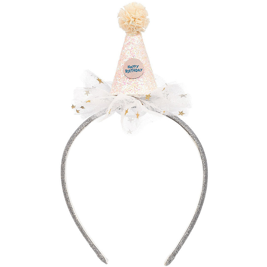Souza for Kids kinder verjaardagsdiadeem met een wit glitter hoedje, pompon en 'Happy Birthday' tekst.