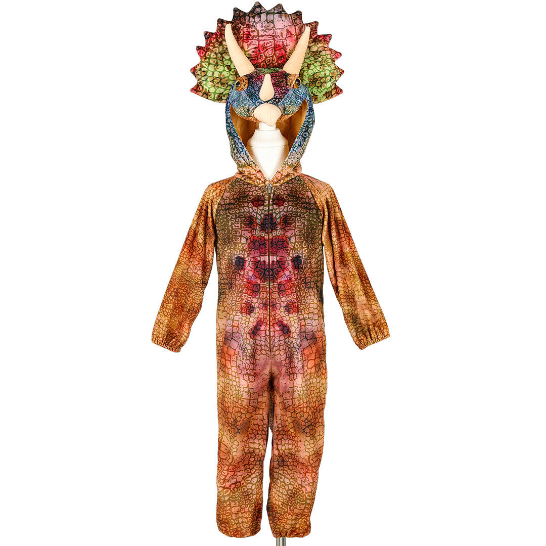 Souza for kids triceratops dinopak kostuum op een paspop, vooraanzicht.