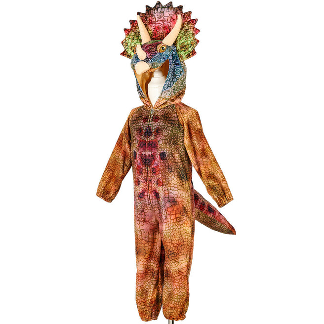 Souza for Kids triceratops kinderkostuum met schubbenpatroon, van voren gezien op een paspop.