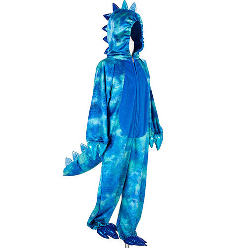 Souza for Kids blauwe dinosaurus onesie met spikes op de capuchon en staart, van voren gezien.