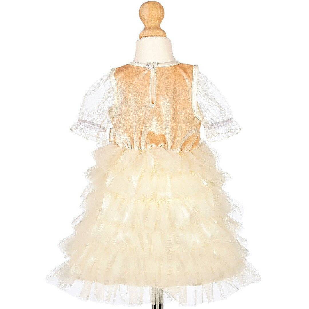 Achterkant van de Souza for Kids beige prinsessen feestjurk met fluwelen rugpand en ruches rok.