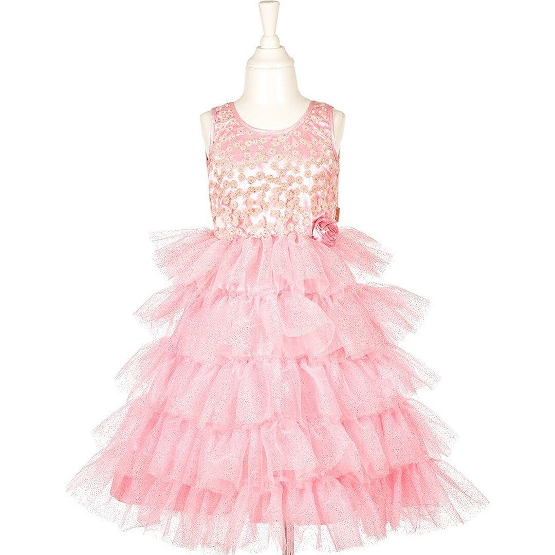 Souza for Kids roze prinsessenjurk met gebloemd lijfje en gelaagde tule rok, van voren gezien op een paspop.