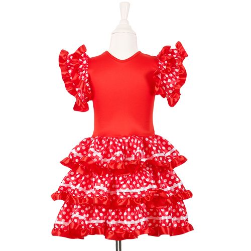 Souza for Kids rood flamenco kinderkostuum met witte stippen en ruches, gepresenteerd op een paspop.