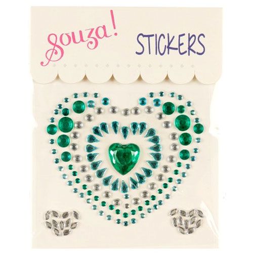 Verpakking van Souza for Kids stickers in de vorm van een hart met groene en zilveren edelstenen.