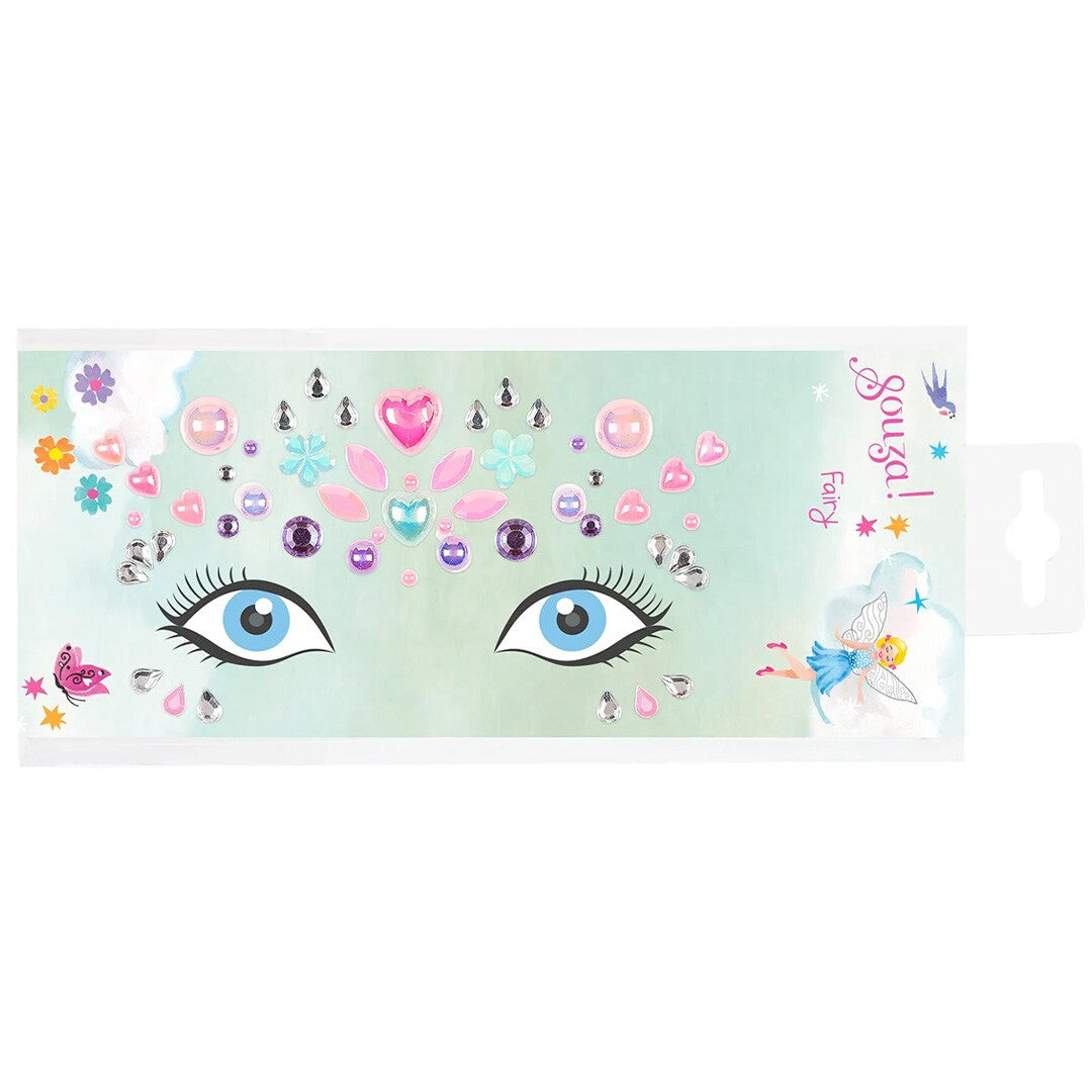 Verpakking van Souza for kids gezichtstickers met ogen en diverse hartjes, bloemen en druppelvormige stickers op een mintgroene achtergrond.