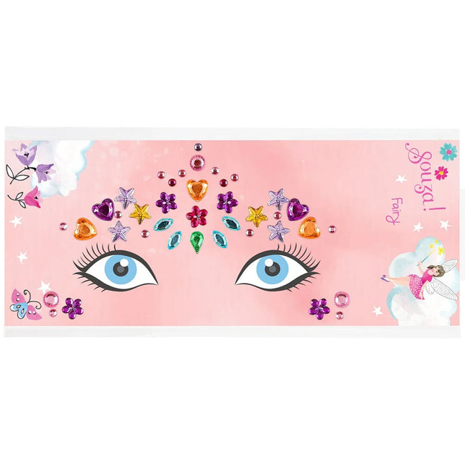 Souza for Kids gezichtstickers met een elfenthema, bestaande uit veelkleurige sterren, harten en bloemen rondom twee blauwe ogen op een roze achtergrond.