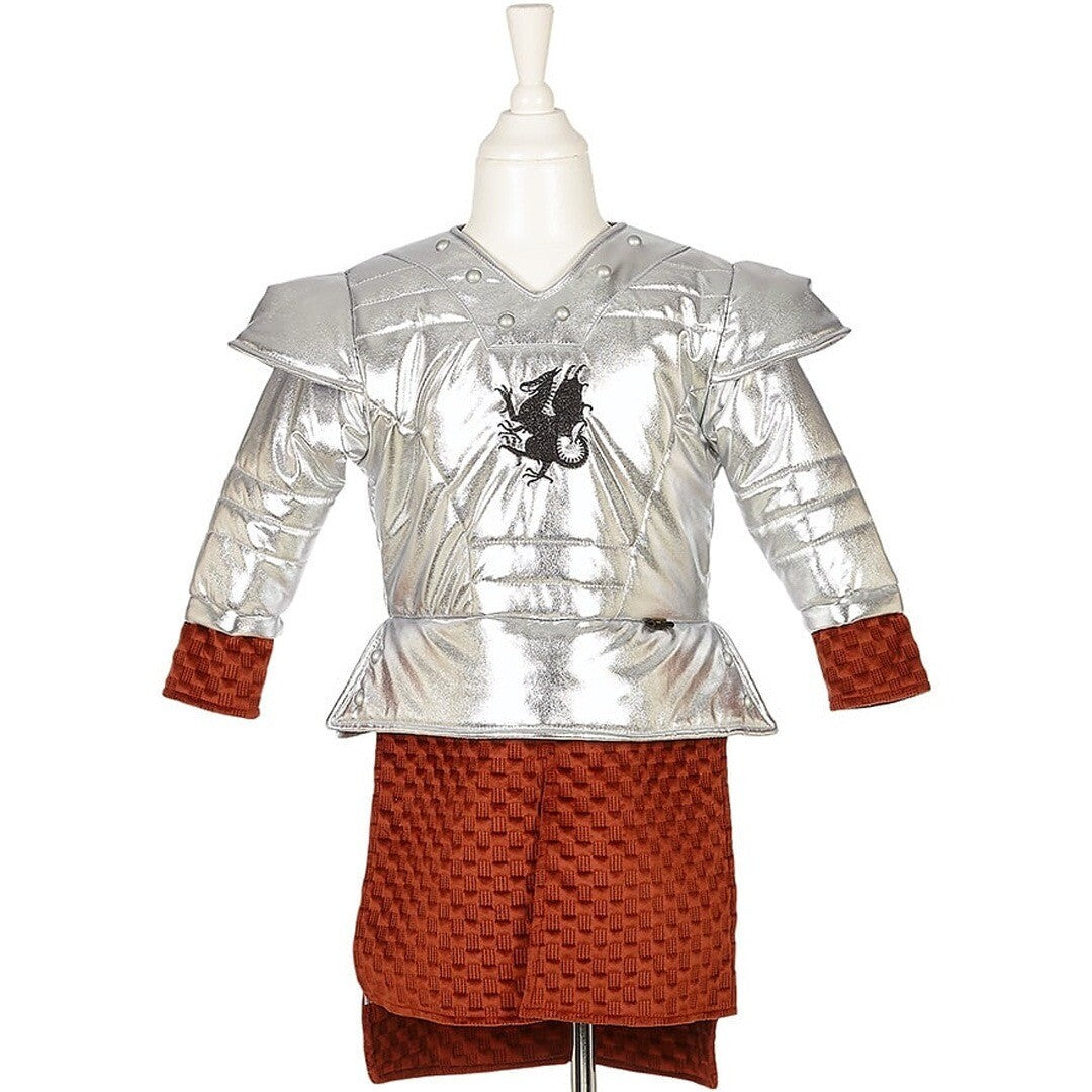 Souza for Kids gladiatorkostuum met zilveren bovenstuk met drakenembleem en roodbruine rok, voorkant.