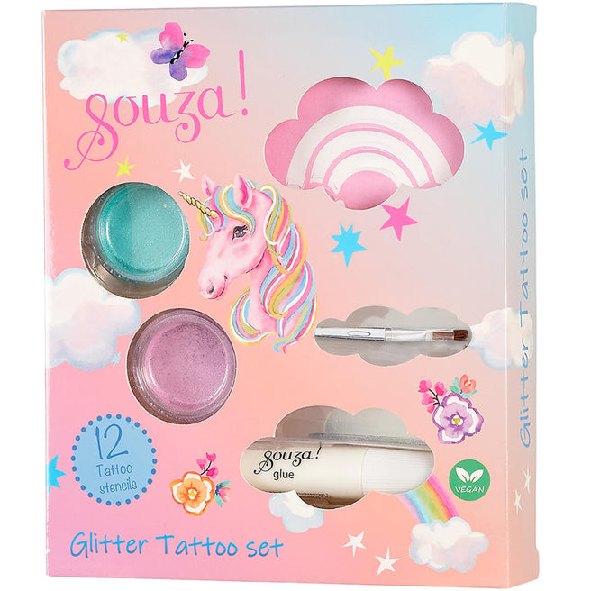 Souza for kids glitter tattoo set verpakking met eenhoorn, regenboog en zichtbare glitterpotjes.