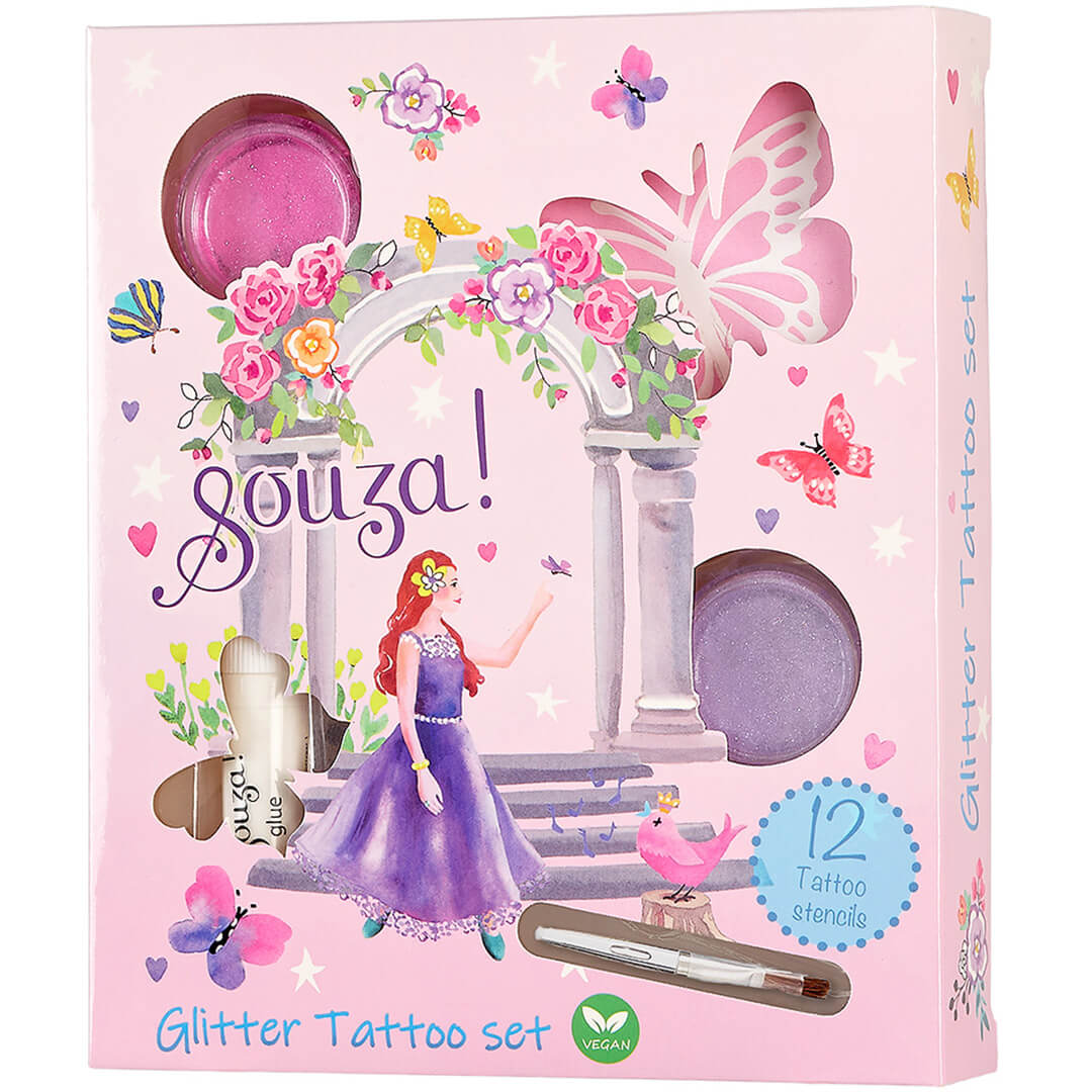 Souza for kids glitter tattoo set voor kinderen met prinses en vlinders op de roze verpakking.