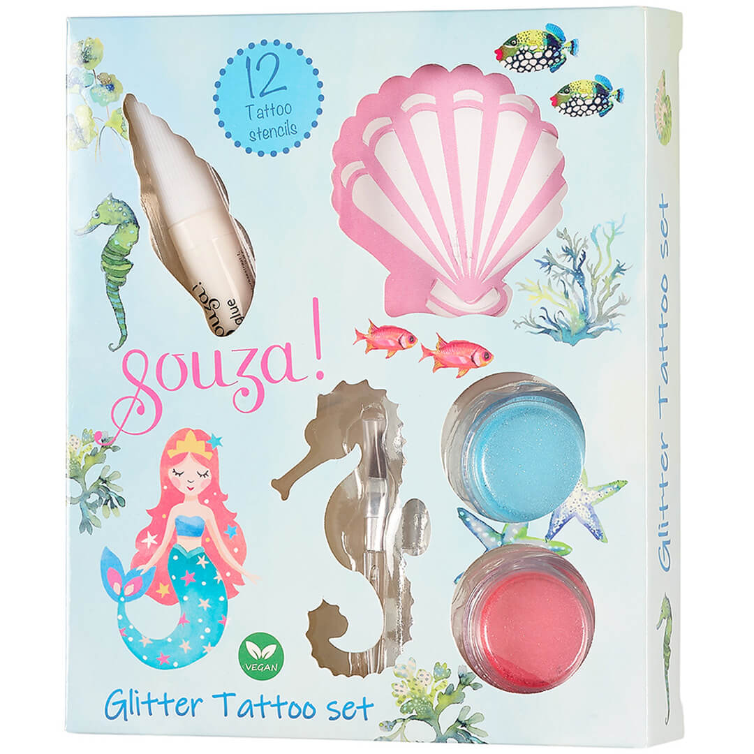 Souza! Glitter Tattoo set verpakking met zeemeermin, zeedieren en zichtbare inhoud.
