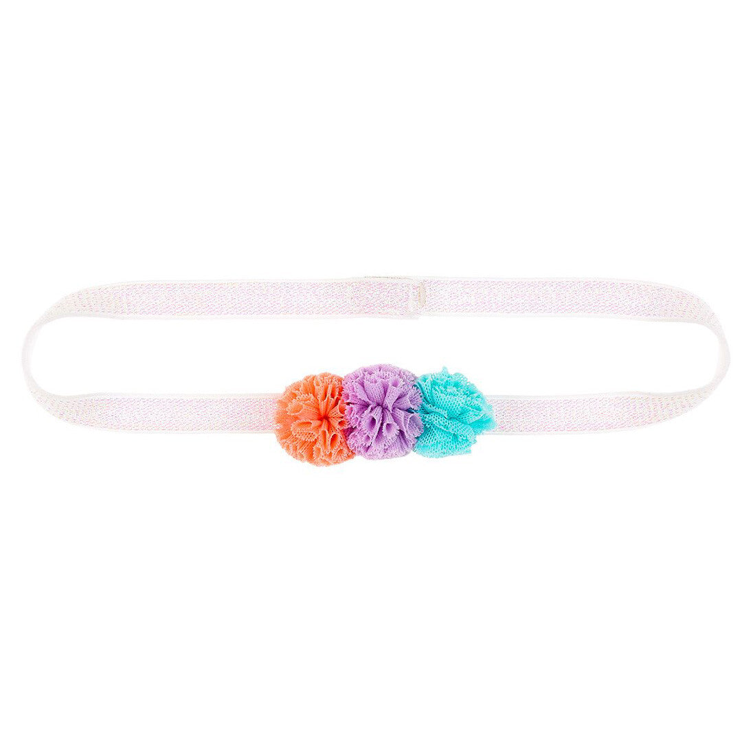 Souza for kids kinder haarband met drie veelkleurige pompons in oranje, paars en turquoise.