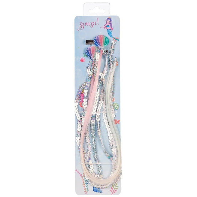 Souza for Kids verpakking met twee haarclipjes met veelkleurige, glinsterende haarextensies en een zeemeerminthema.