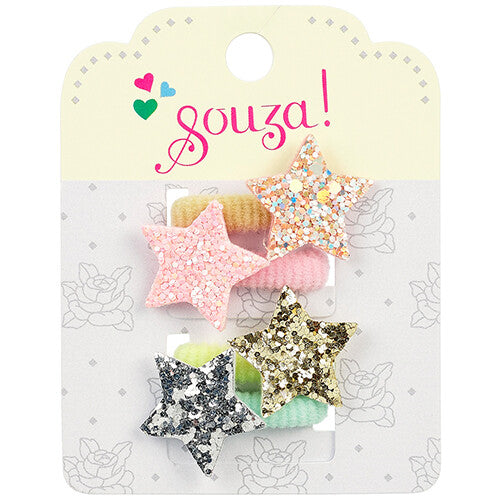 Souza for Kids kinder haarelastiekjes met veelkleurige glittersterren op een verpakking.