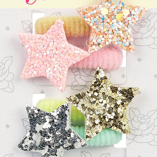 Detail van vier kinder haarelastiekjes met veelkleurige glittersterren.