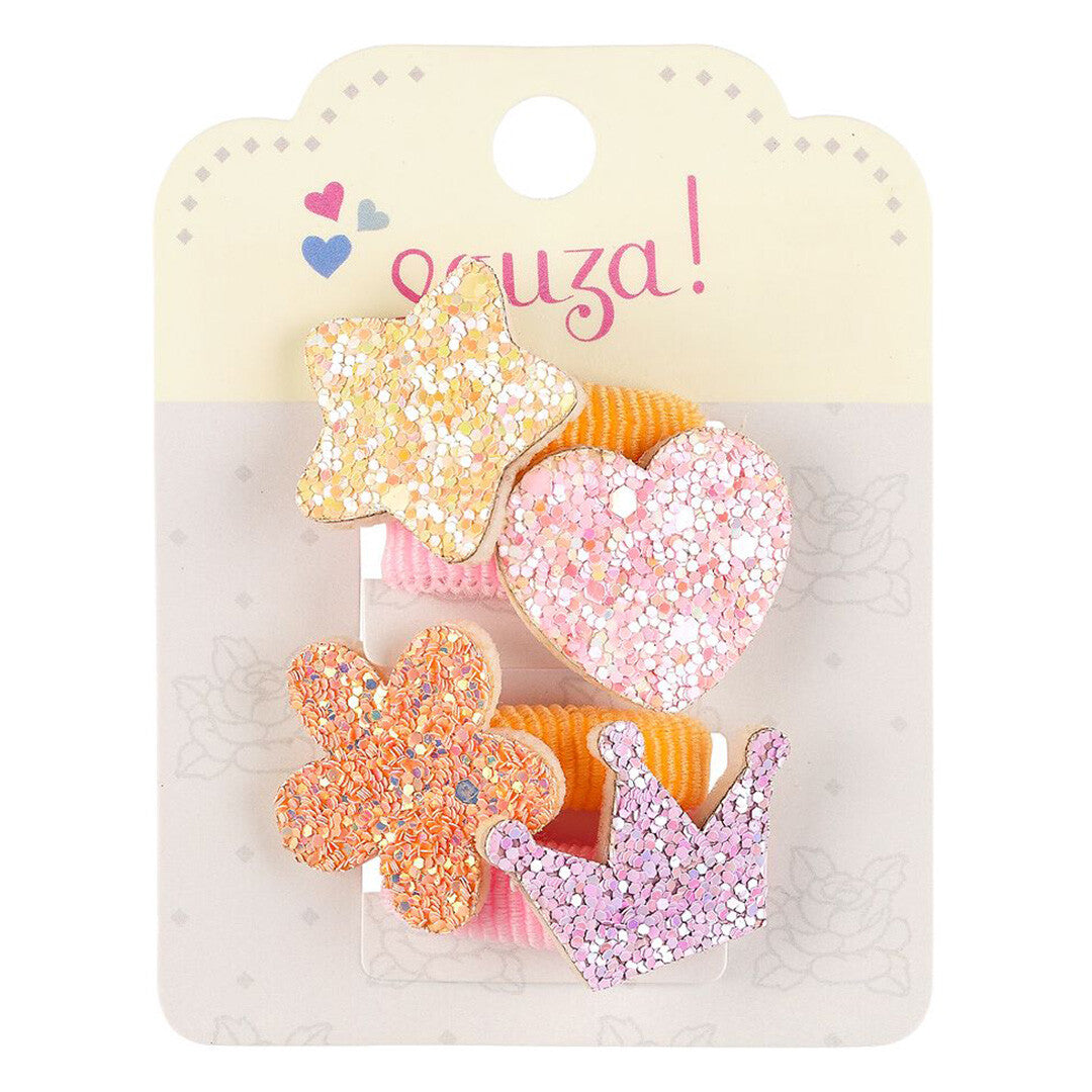 Verpakking van Souza for Kids haarelastiekjes met glitter in de vorm van een ster, hart, bloem en kroon.