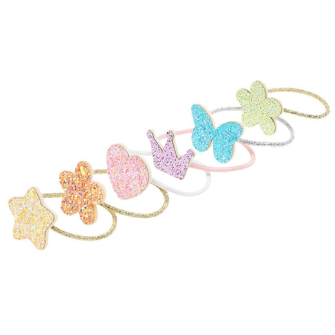 Souza for kids set van zes glitter haarelastiekjes voor kinderen met een ster, bloem, hart, kroon en vlinder.