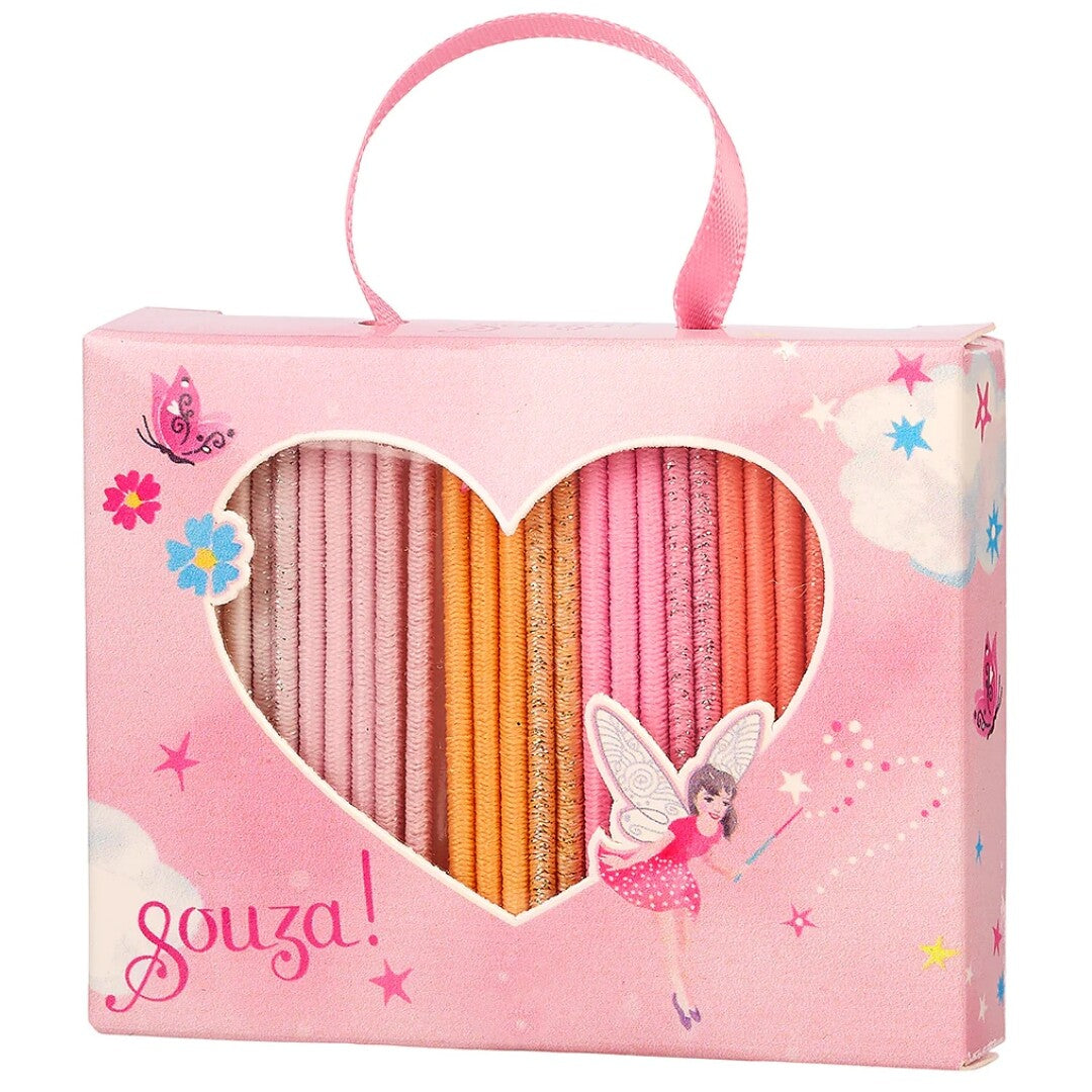 Roze Souza for kids verpakking met hartvormige uitsparing die kinder haarelastiekjes in roze en oranje tinten toont.