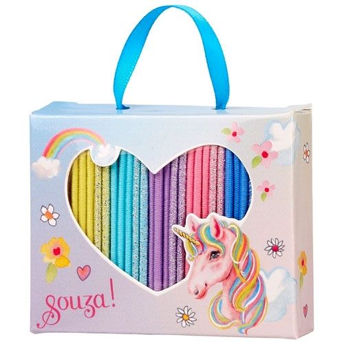 Verpakking van Souza! haarelastiekjes voor kinderen met een eenhoorn, regenboog en hartvormig venster dat de veelkleurige elastiekjes toont.
