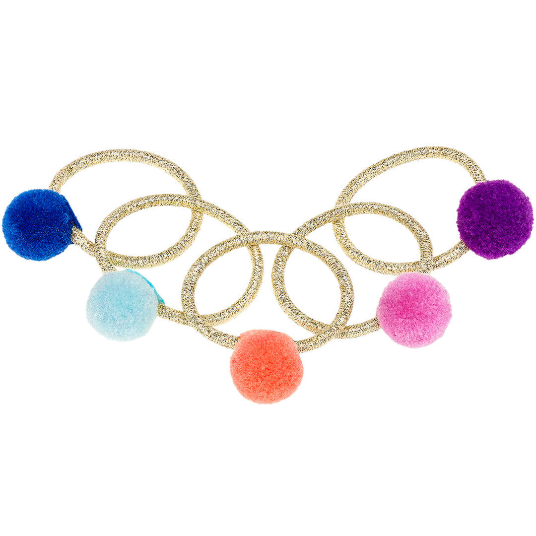 Souza for kids haarelastiekjes: vijf gouden spiraalvormige haarelastiekjes met gekleurde pompons.
