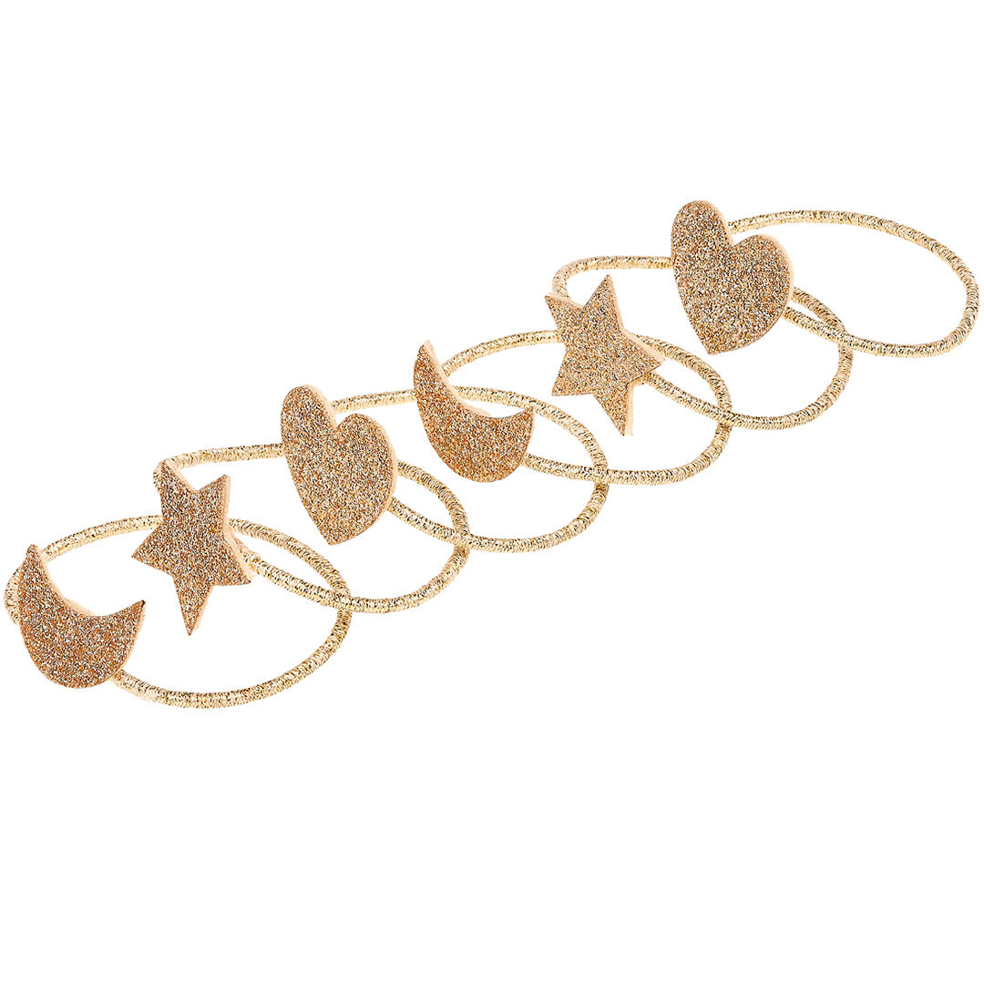 Zes gouden Souza for Kids haarelastiekjes met glitter hartjes, sterren en maantjes.