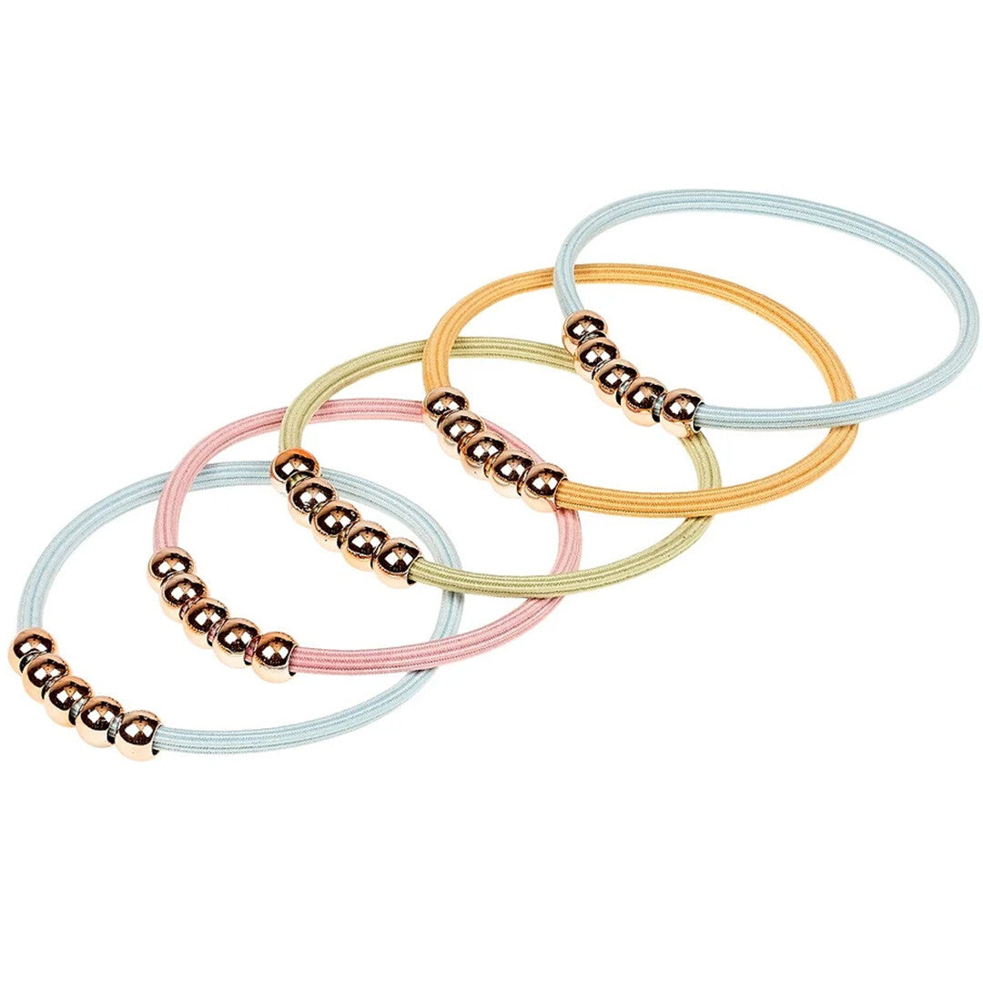 Souza for kids haarelastiekjes voor kinderen, een set van vijf veelkleurige elastieken met goudkleurige kralen.