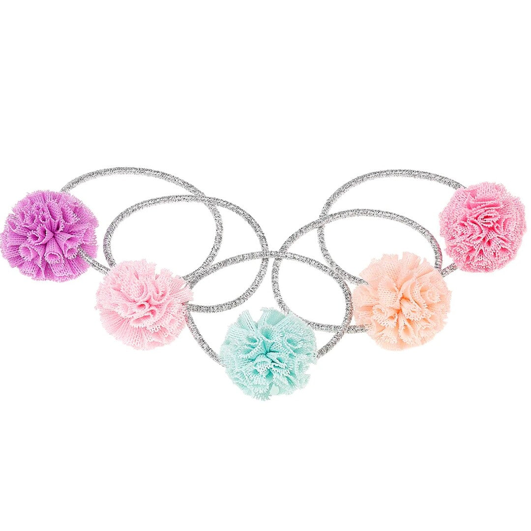 Souza for kids set van vijf veelkleurige haarelastiekjes met glitterbandjes en pompons.