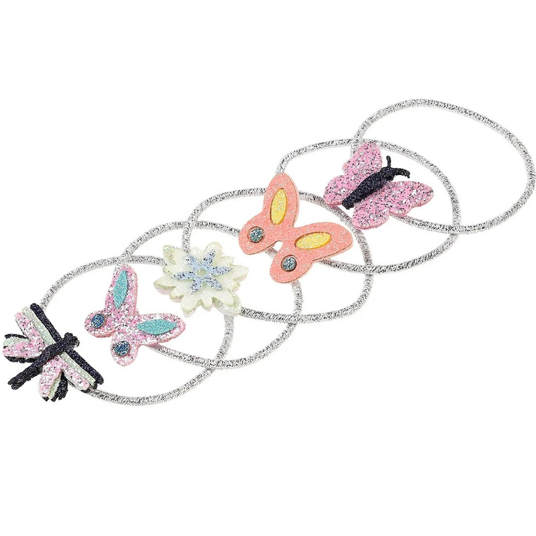 Souza for kids haarelastiekjes voor kinderen met glittervlinders, een libelle en een bloem.