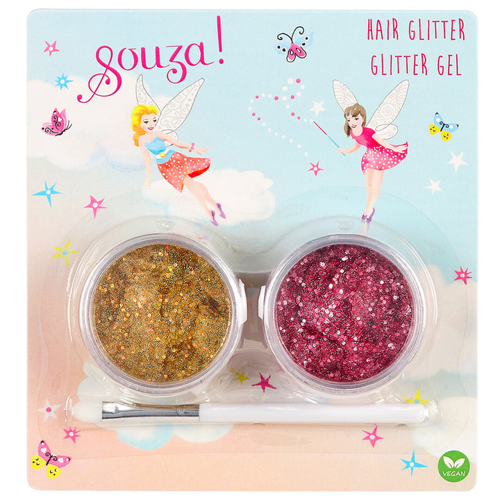 Souza for Kids haarglitter verpakking met twee potjes goud en roze glittergel en een kwastje, versierd met feeën.