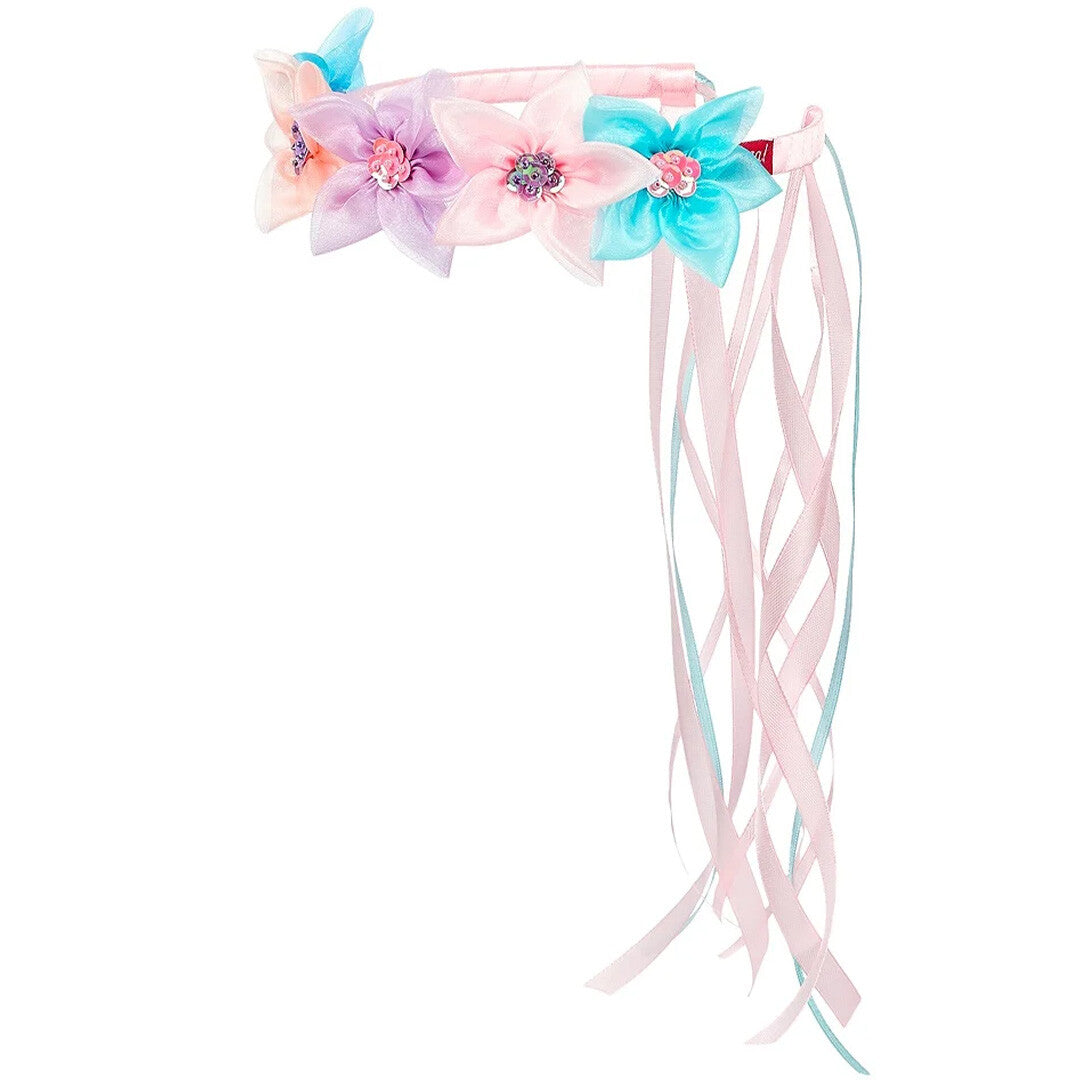 Souza for Kids haarkrans met veelkleurige bloemen en roze en blauwe linten.