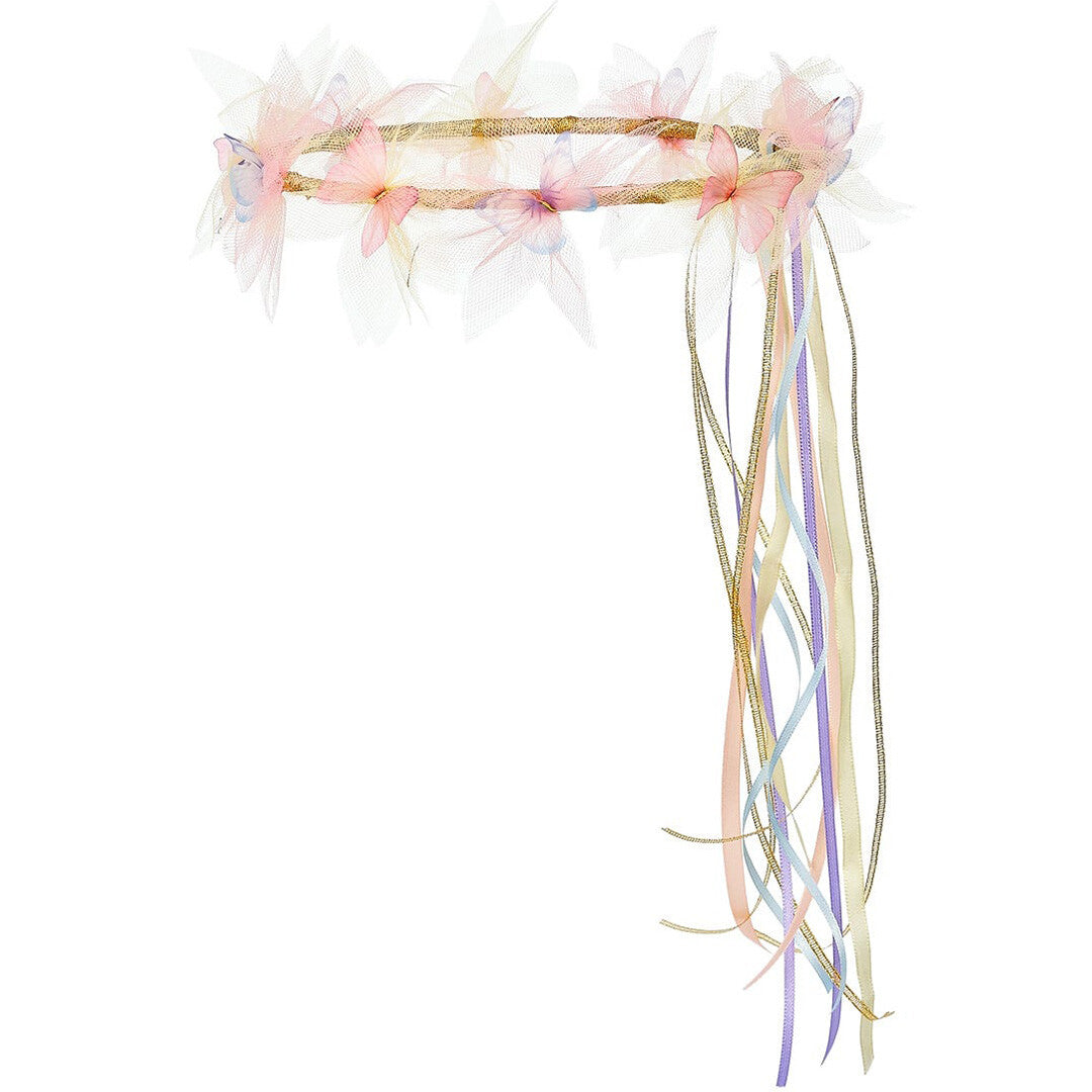 Souza for kids haarkrans Joanna met pastelkleurige vlinderbloemen en lange linten.
