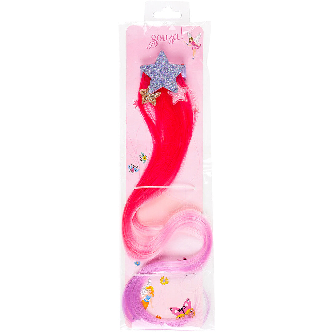 Verpakking van een Souza for Kids haarspeldje met glittersterren en drie gekleurde haarlokken in roze en paars.
