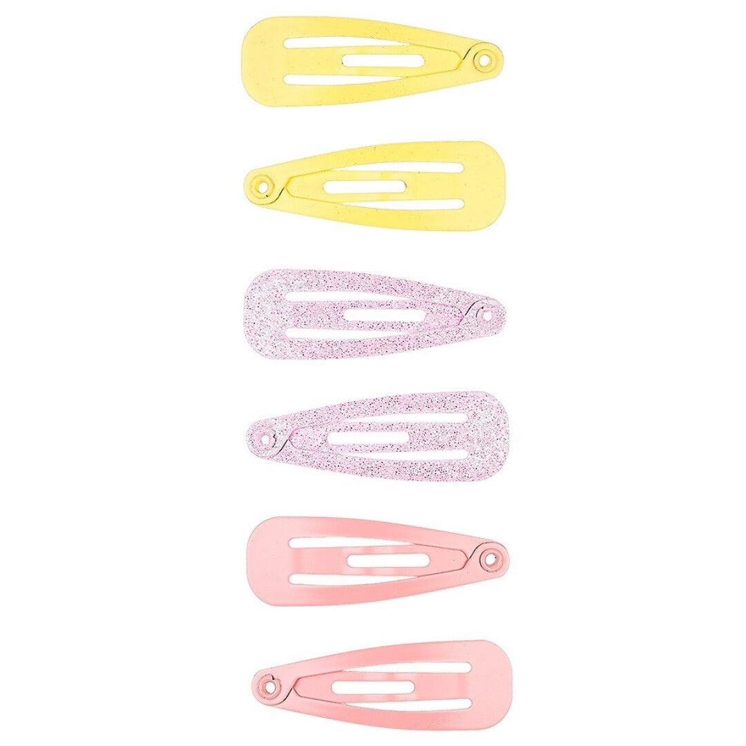 Souza for kids haarspeldjes: zes veelkleurige metalen haarclips voor kinderen, waaronder gele, roze glitter en effen roze.