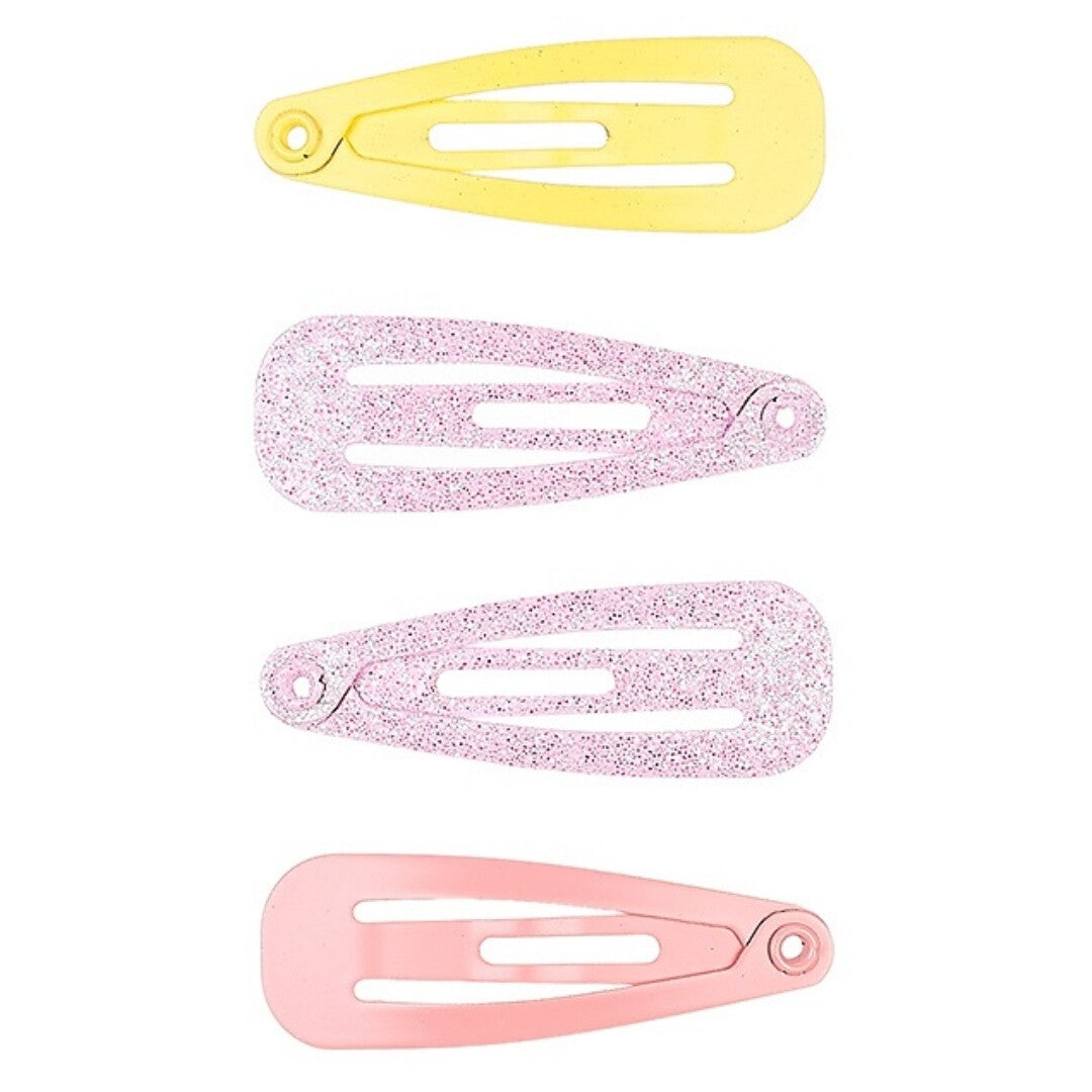 Souza for kids haarspeldjes: vier veelkleurige metalen haarclips voor kinderen, waaronder een gele, twee roze glitter en een effen roze.